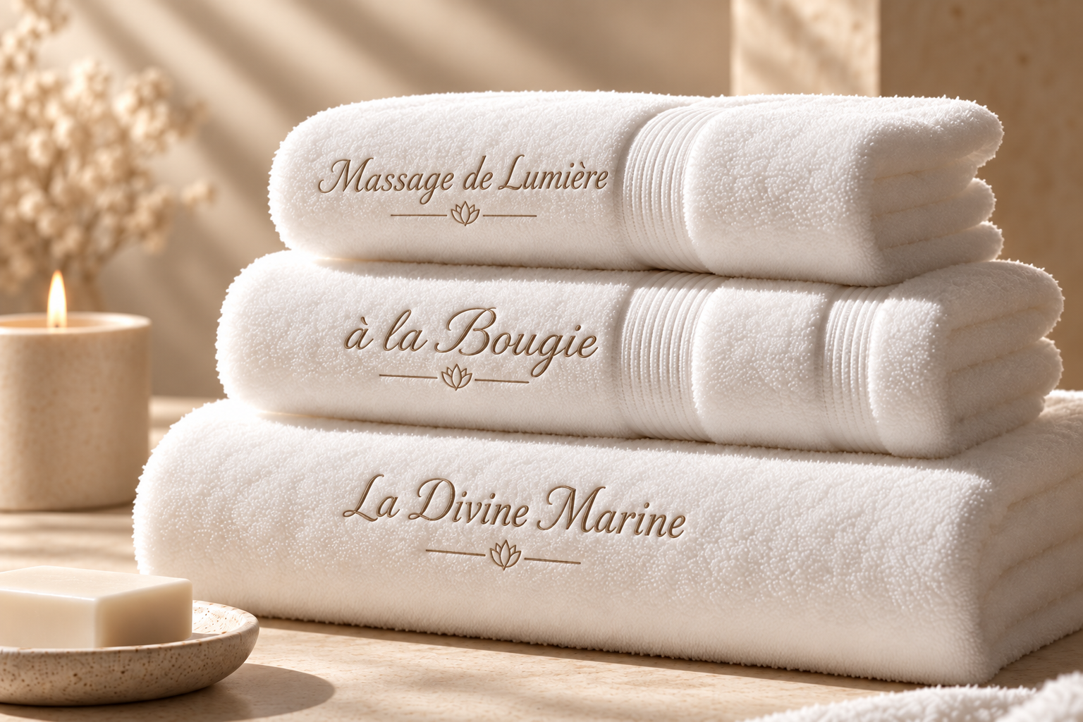 Serviettes de spa brodées, à la lumière de la bougie La Divine Marine